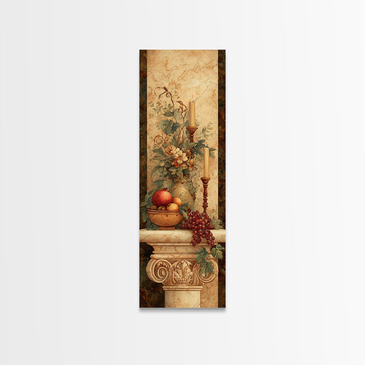 Pomegranate and Grapes on a Marble Ledge Framed Canvas Print, Baroque Art, Dark Academia Art, Living Room Decor, Ornate, BAO-1x3-20