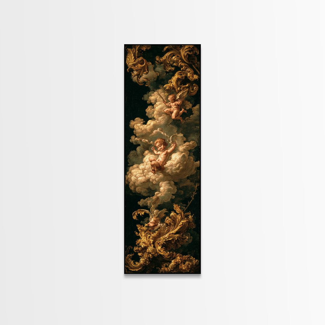 Ornate Cherub Figure Surrounded by Clouds and Canvas Print, Baroque Art, Moody Wall Art, Living Room Decor, Fine Art, Ornate, BAO-1x3-38