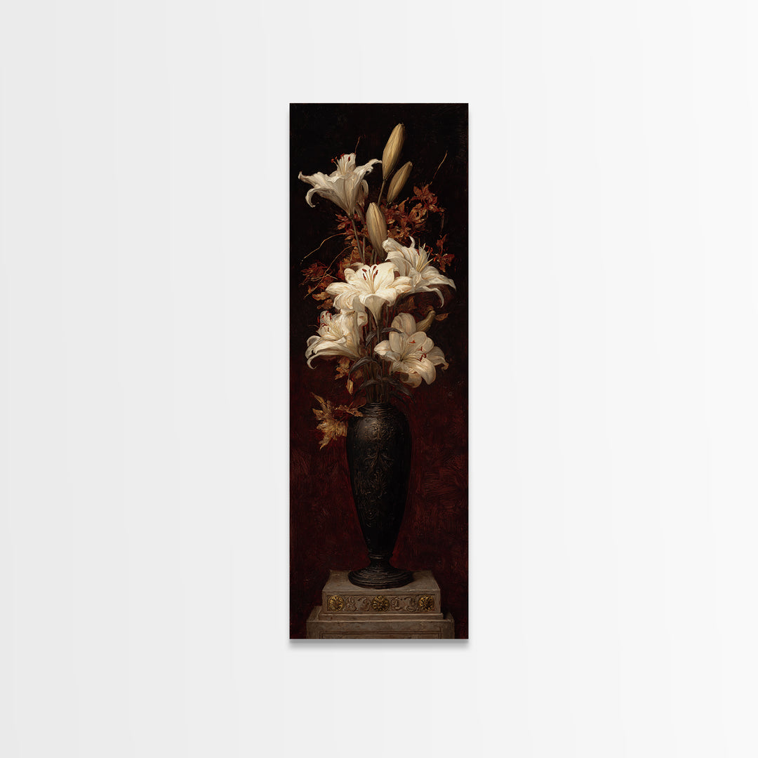 Dramatic White Lilies Canvas Print, Baroque Art, Art Print, Living Room Decor, Fine Art, Ornate, Oil Painting, Digital Wall Art, BAO-1x3-72