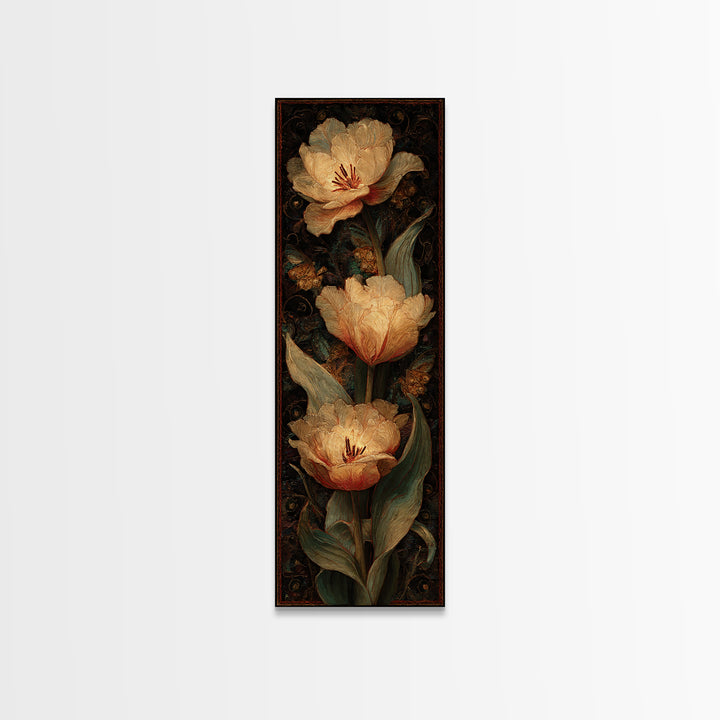 Black Background Tulips Framed Canvas Print, Baroque Art, Room Decor, Living Room Decor, Oil Painting, Ornate, Digital Wall Art, BAO-1x3-76