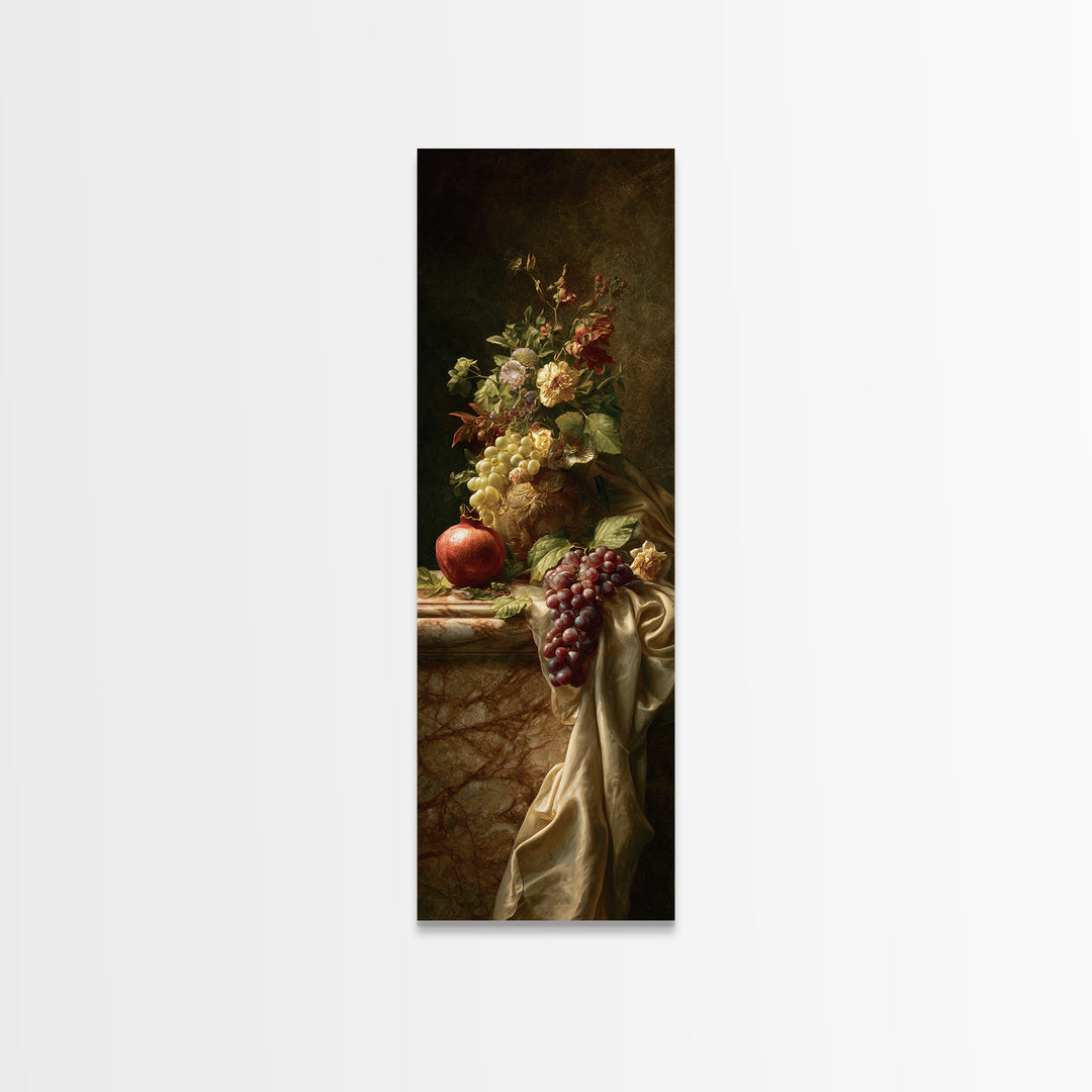Pomegranate and Grapes on a Marble Ledge Framed Canvas Print, Baroque Art, Contemporary Art, Living Room Decor, Ornate, BAO-1x3-92