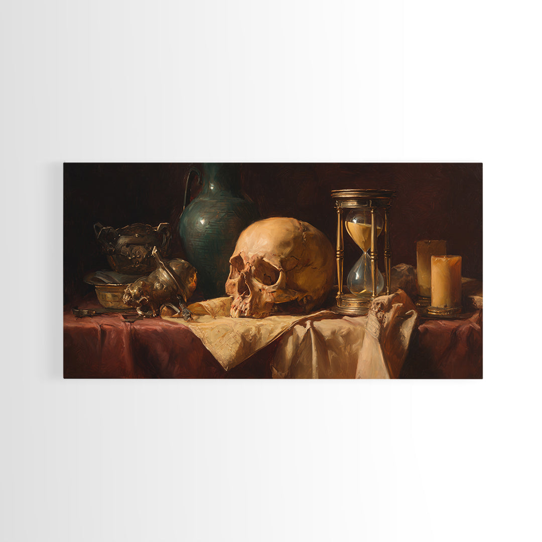 Skull and Hourglass Vanitas Still Life Framed Canvas Print, Baroque Art, Neutral Decor, Living Room Decor, Fine Art, Ornate, BAO-2x1-1