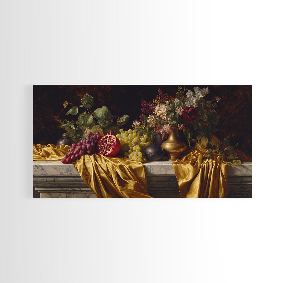 Pomegranate and Grapes on a Marble Ledge Framed Canvas Print, Baroque Art, Eclectic Wall Art, Living Room Decor, Ornate, BAO-2x1-100