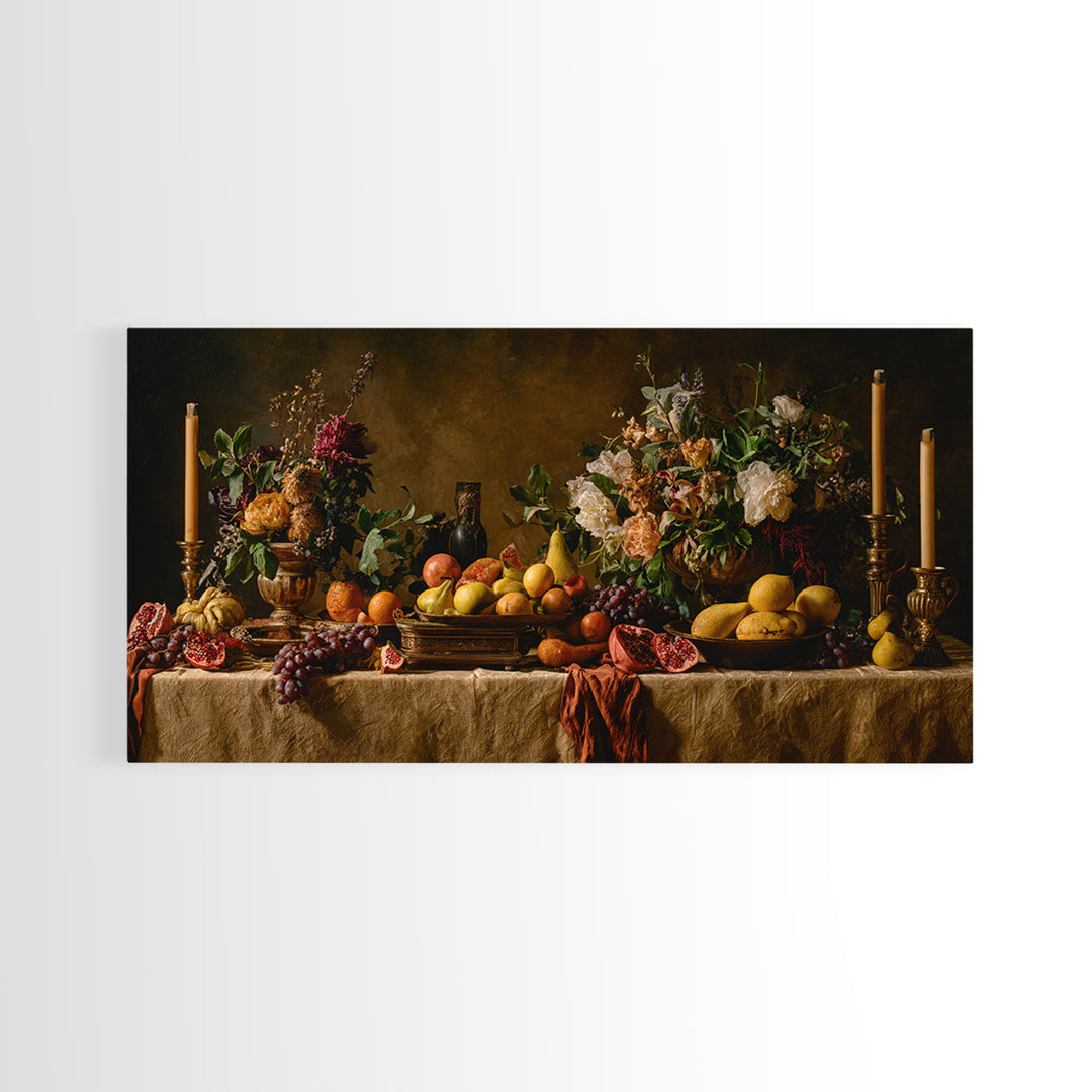 Lavish Banquet Fruit Composition Framed Canvas Print, Baroque Art, Neutral Decor, Living Room Decor, Fine Art, Ornate, BAO-2x1-16