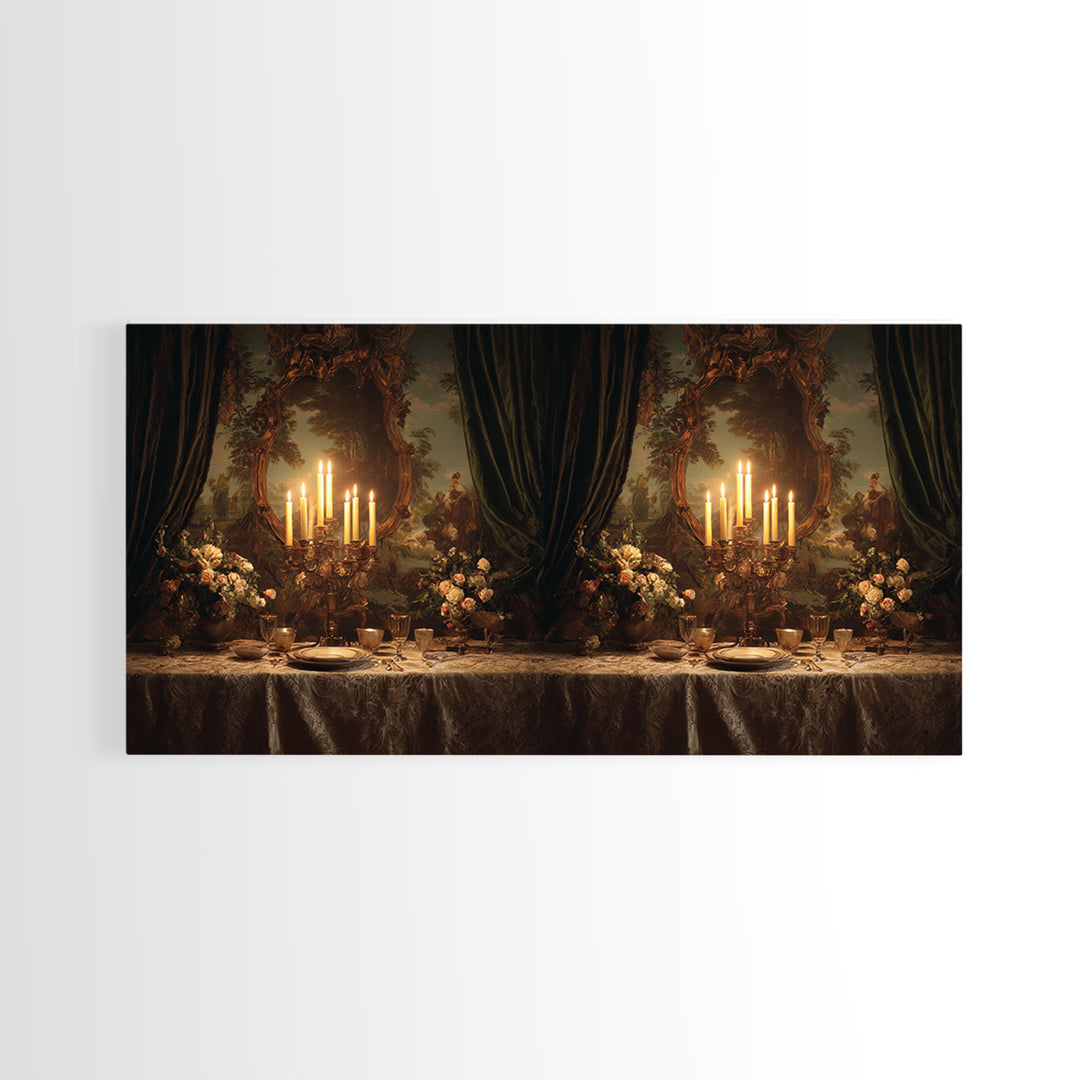 Velvet Drapery with Pearls Flowers and Candlelight Framed Canvas Print, Baroque Art, Wall Art, Living Room Decor, BAO-2x1-23
