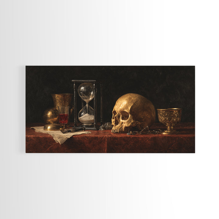 Skull and Hourglass Vanitas Still Life Framed Canvas Print, Baroque Art, Neutral Decor, Living Room Decor, Fine Art, Ornate, BAO-2x1-25