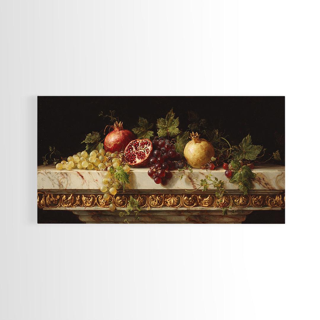 Pomegranate and Grapes on a Marble Ledge Framed Canvas Print, Baroque Art, Textured Painting, Living Room Decor, Ornate, BAO-2x1-28