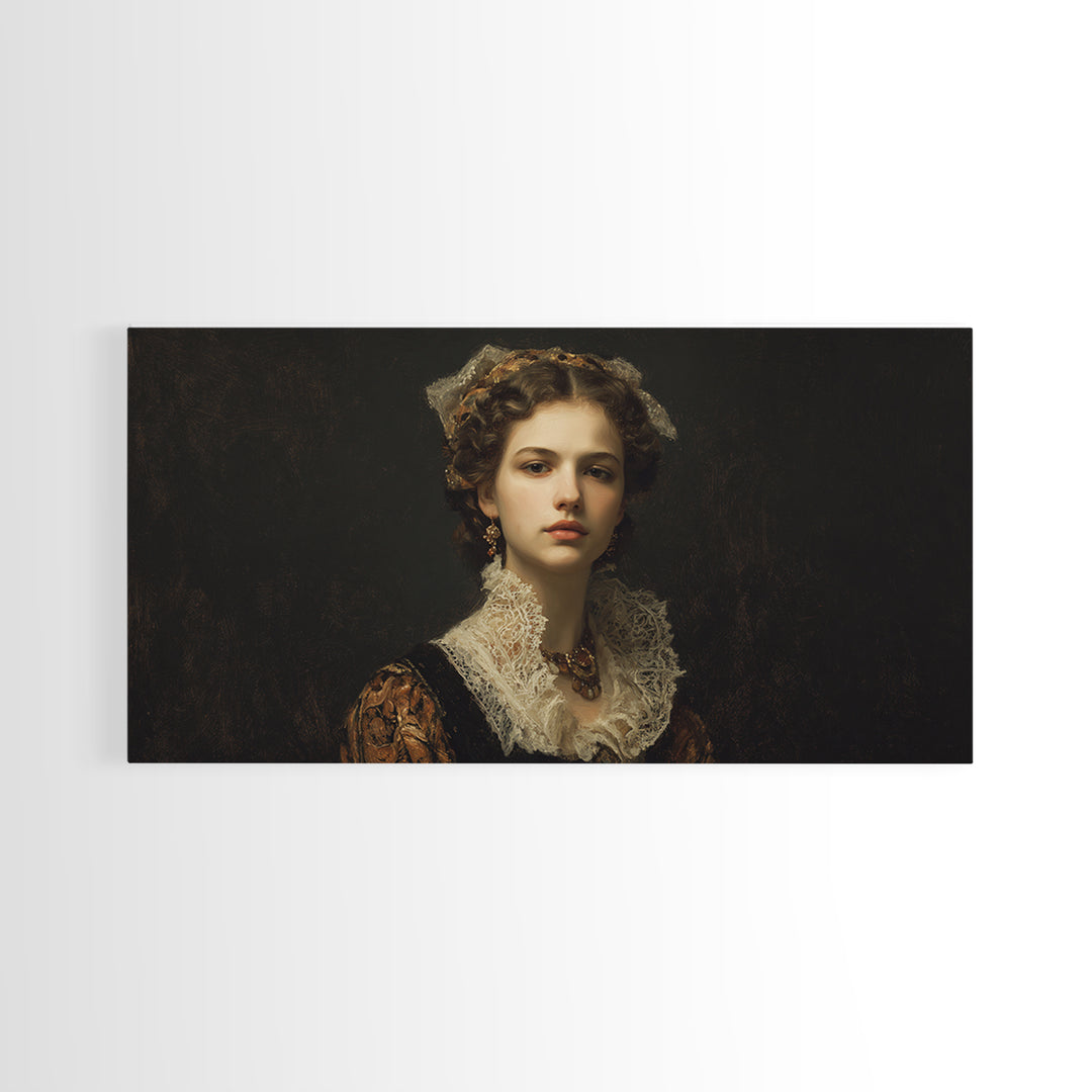 Classical Portrait with Lace Collar and Jewel Framed Canvas Print, Baroque Art, Oil Painting, Living Room Decor, Ornate, BAO-2x1-3