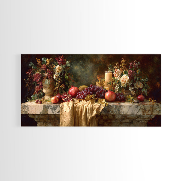 Pomegranate and Grapes on a Marble Ledge Canvas Print, Baroque Art, Statement Artwork, Living Room Decor, Fine Art, Ornate, BAO-2x1-4