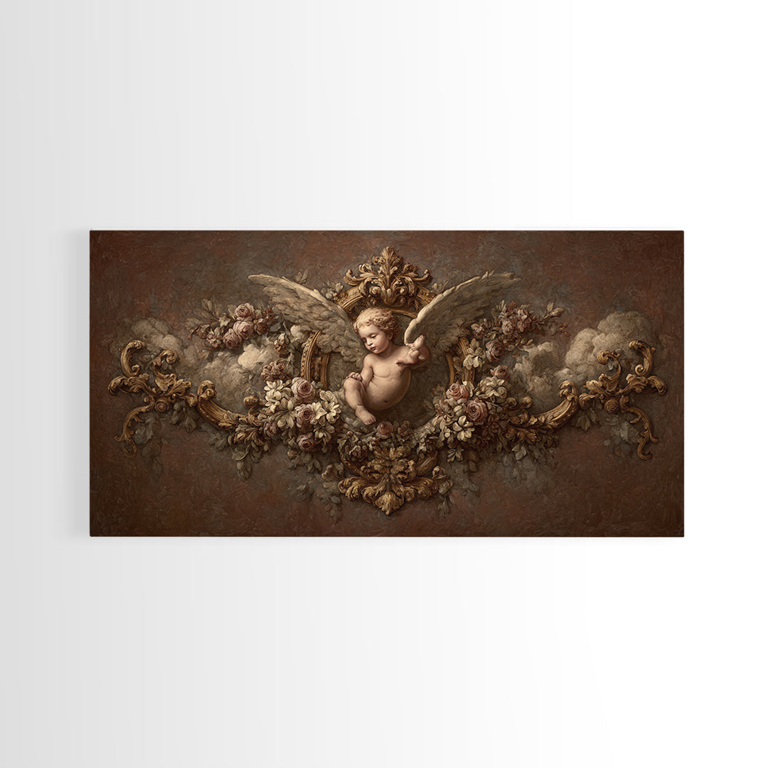 Ornate Cherub Figure Surrounded by Clouds and Framed Canvas Print, Baroque Art, Neutral Decor, Living Room Decor, Ornate, BAO-2x1-46