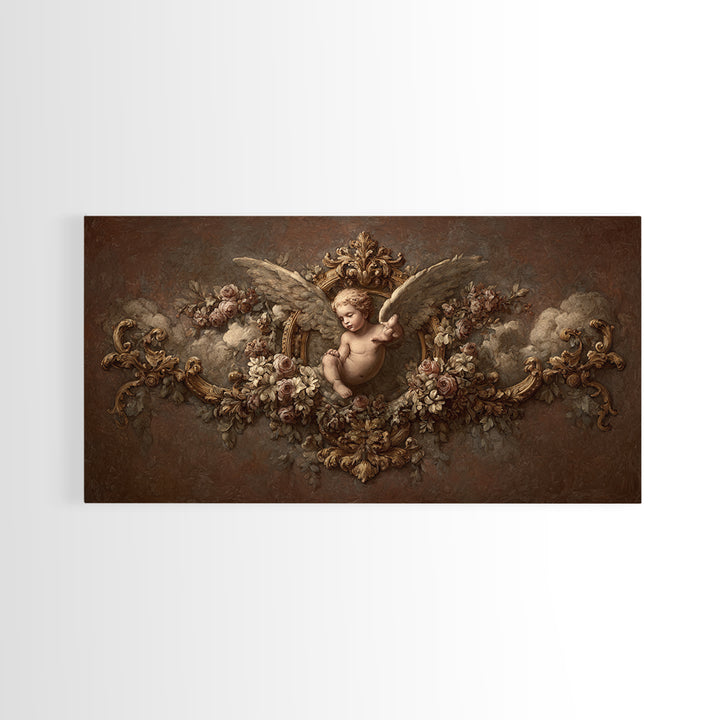 Ornate Cherub Figure Surrounded by Clouds and Framed Canvas Print, Baroque Art, Neutral Decor, Living Room Decor, Ornate, BAO-2x1-46
