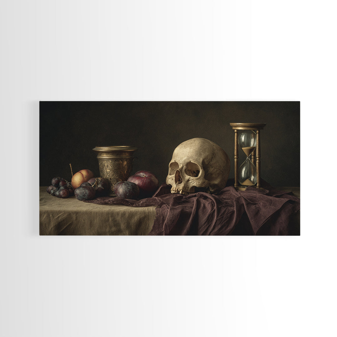 Skull and Hourglass Vanitas Still Life Canvas Print, Baroque Art, Luxury Decor, Living Room Decor, Ornate, Oil Painting, BAO-2x1-49