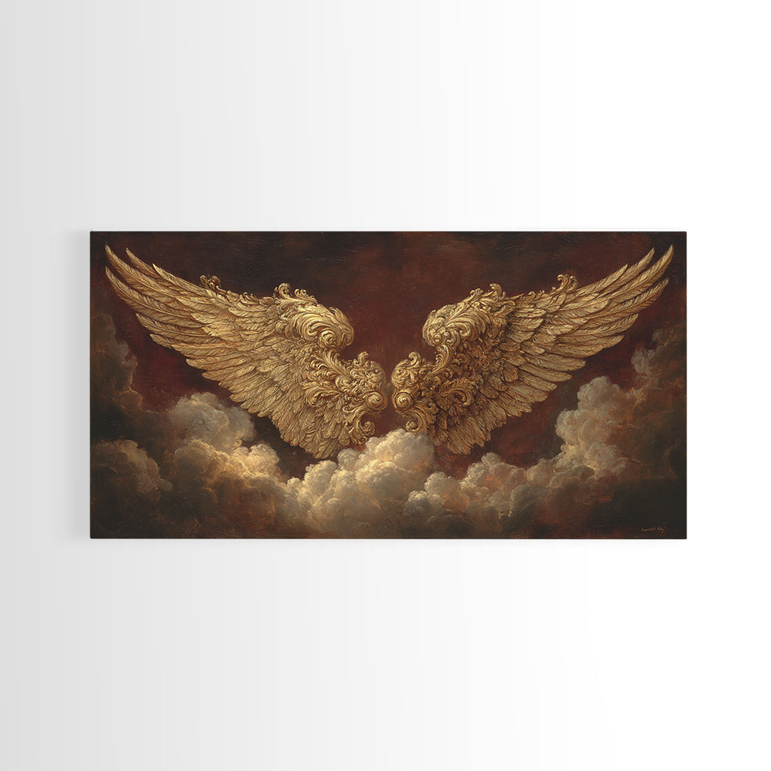 Gilded Angel Wings Emerging from Storm Clouds Framed Canvas Print, Baroque Art, Modern Decor, Living Room Decor, Ornate, BAO-2x1-50