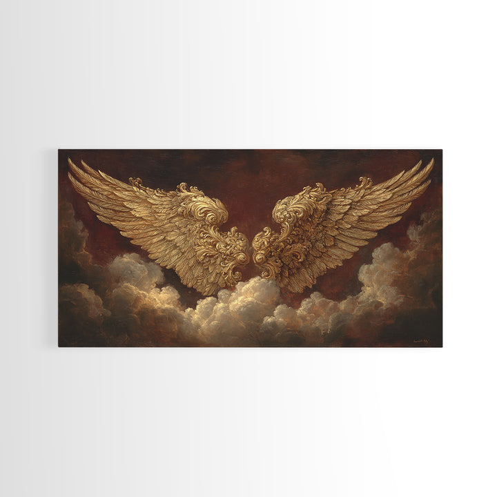 Gilded Angel Wings Emerging from Storm Clouds Framed Canvas Print, Baroque Art, Modern Decor, Living Room Decor, Ornate, BAO-2x1-50