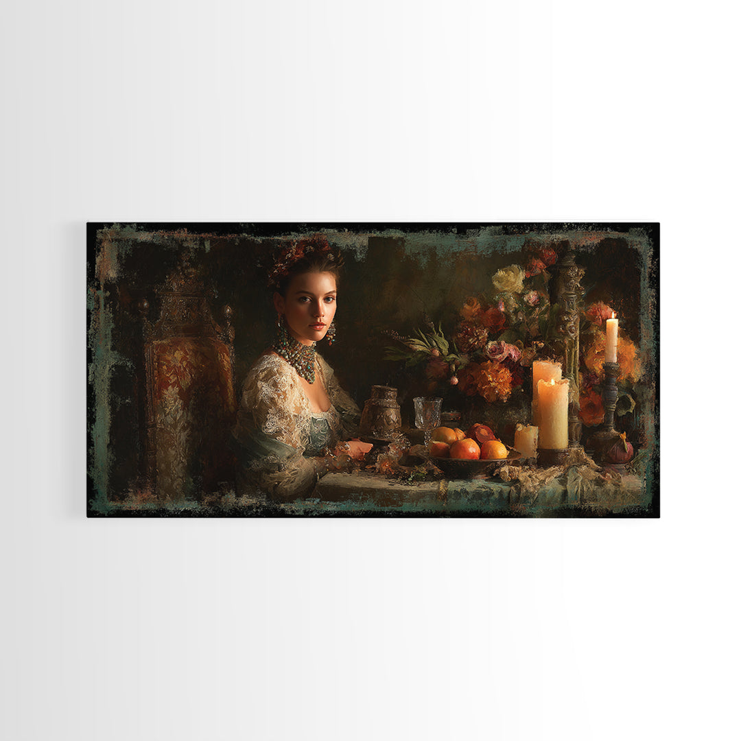 Classical Portrait with Lace Collar and Jewel Framed Canvas Print, Baroque Art, Oil Painting, Living Room Decor, Ornate, BAO-2x1-51