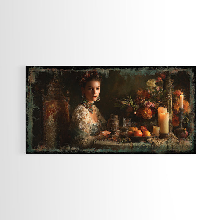 Classical Portrait with Lace Collar and Jewel Framed Canvas Print, Baroque Art, Oil Painting, Living Room Decor, Ornate, BAO-2x1-51