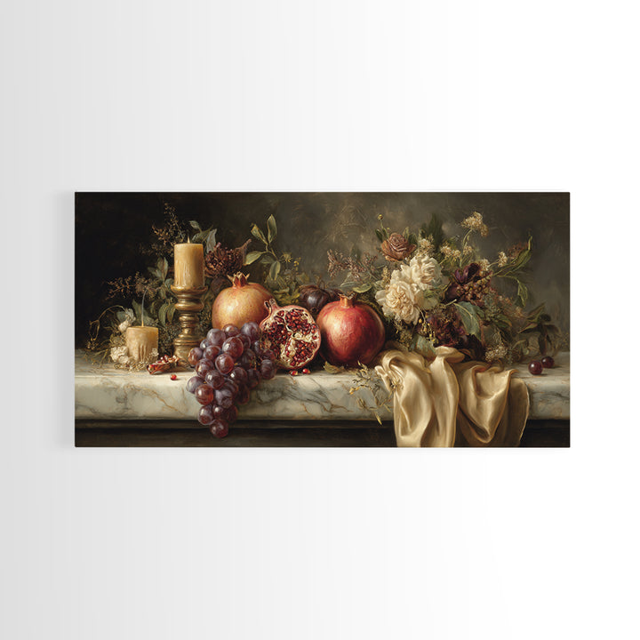 Pomegranate and Grapes on a Marble Ledge Canvas Print, Baroque Art, Art, Living Room Decor, Fine Art, Ornate, Modern Wall Art, BAO-2x1-52