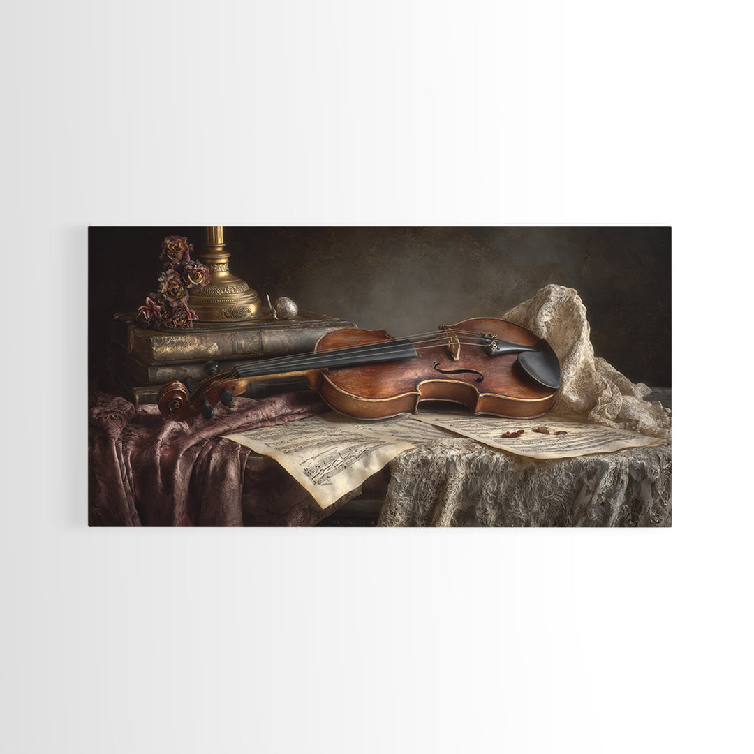 Baroque Violin and Sheet Music Still Life Framed Canvas Print, Baroque Art, Digital Wall Art, Living Room Decor, Ornate, BAO-2x1-55