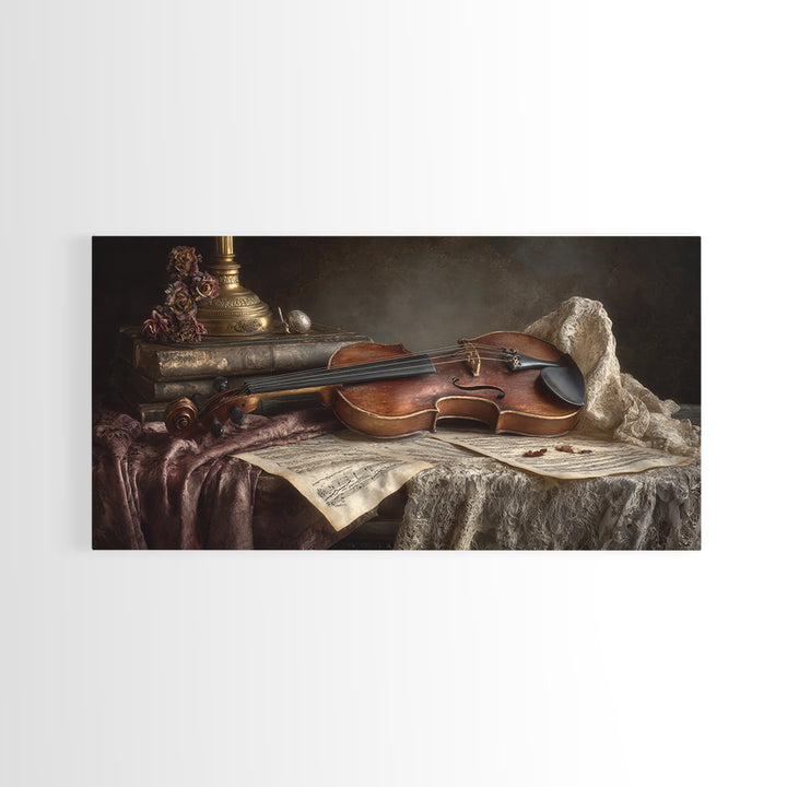 Baroque Violin and Sheet Music Still Life Framed Canvas Print, Baroque Art, Digital Wall Art, Living Room Decor, Ornate, BAO-2x1-55