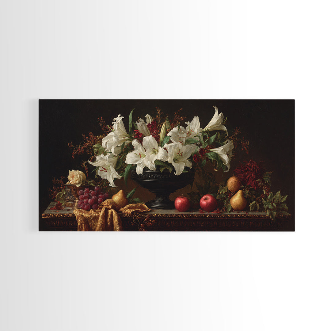 Dramatic White Lilies Framed Canvas Print, Baroque Art, Painting, Living Room Decor, Fine Art, Ornate, Living Room Wall Art, BAO-2x1-56