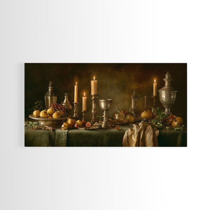 Candlelit Table with Silver Goblet and Figs Canvas Print, Baroque Art, Fine Art Print, Living Room Decor, Fine Art, Ornate, BAO-2x1-57