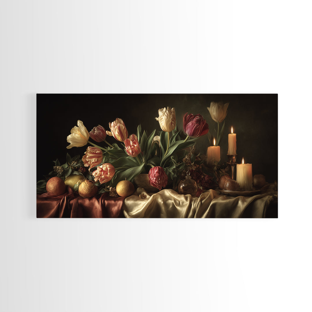 Black Background Tulips Framed Canvas Print, Baroque Art, Decor, Living Room Decor, Oil Painting, Ornate, Moody Wall Art, BAO-2x1-60