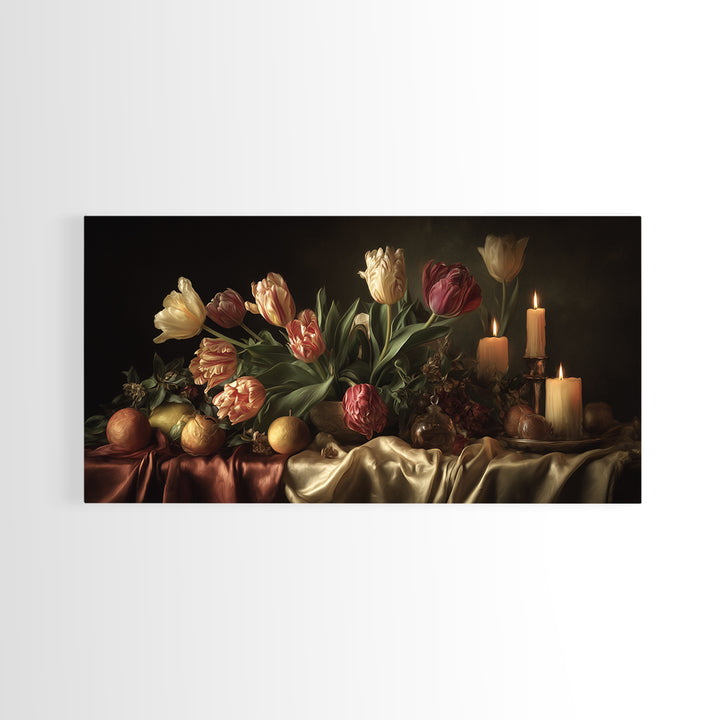 Black Background Tulips Framed Canvas Print, Baroque Art, Decor, Living Room Decor, Oil Painting, Ornate, Moody Wall Art, BAO-2x1-60