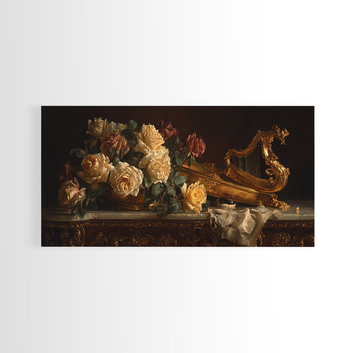 Golden Harp and Roses Canvas Print, Baroque Art, Gallery Decor, Living Room Decor, Oil Painting, Ornate, Minimalist Decor, BAO-2x1-62