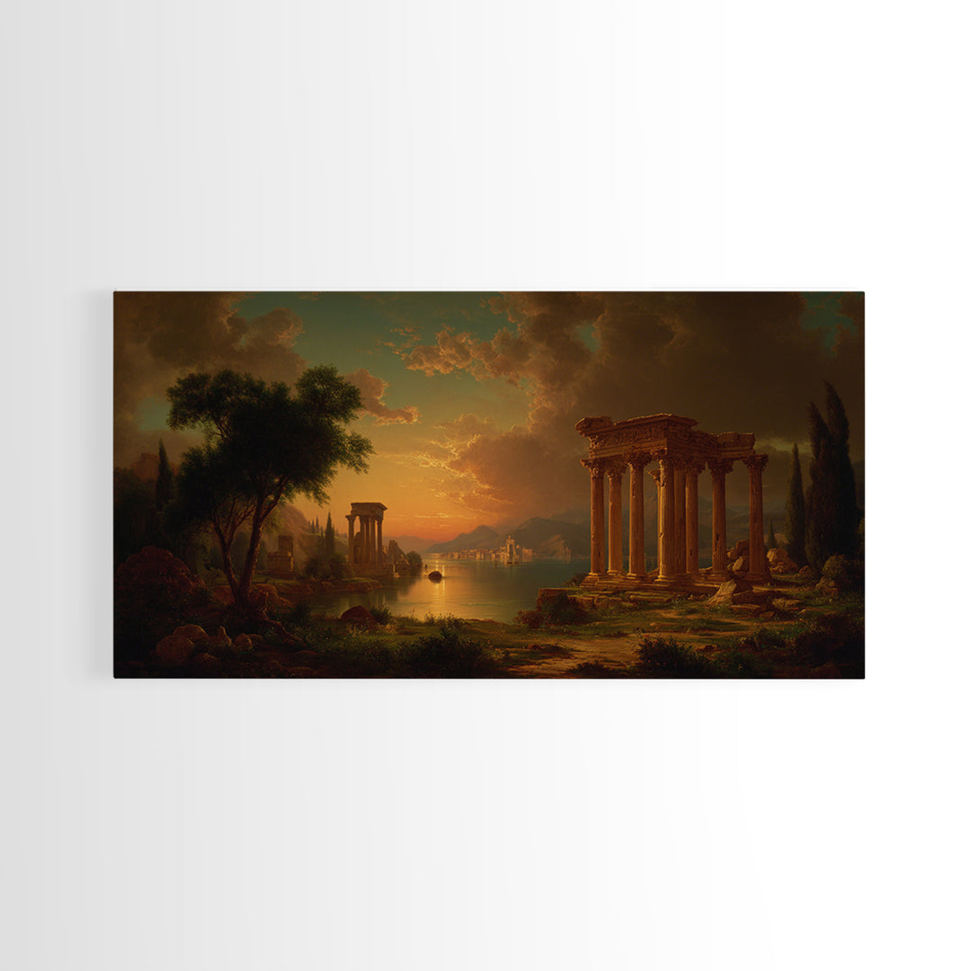 Classical Ruins Beneath a Dramatic Sky Canvas Print, Baroque Art, Dark Academia Decor, Living Room Decor, Fine Art, Ornate, BAO-2x1-63