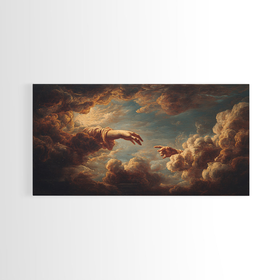 Angelic Hand Reaching Through Clouds Framed Canvas Print, Baroque Art, Boho Decor, Living Room Decor, Abstract Art, Ornate, BAO-2x1-65