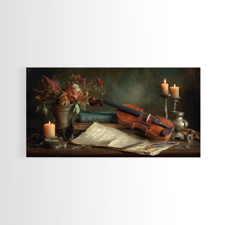 Baroque Violin and Sheet Music Still Life Framed Canvas Print, Baroque Art, Textured Painting, Living Room Decor, Ornate, BAO-2x1-7