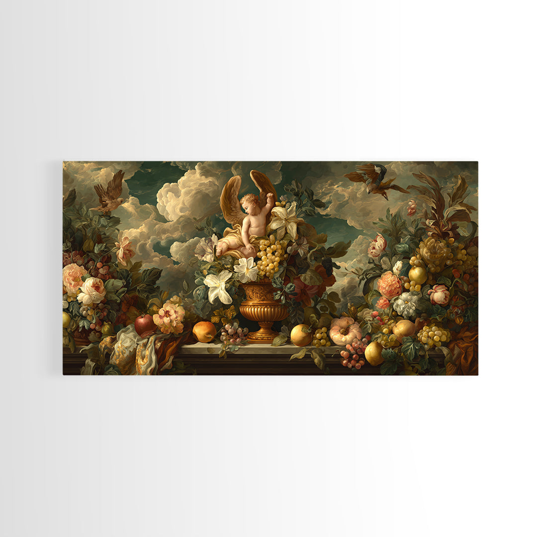 Ornate Cherub Figure Surrounded by Clouds and Canvas Print, Baroque Art, Luxury Decor, Living Room Decor, Fine Art, Ornate, BAO-2x1-70