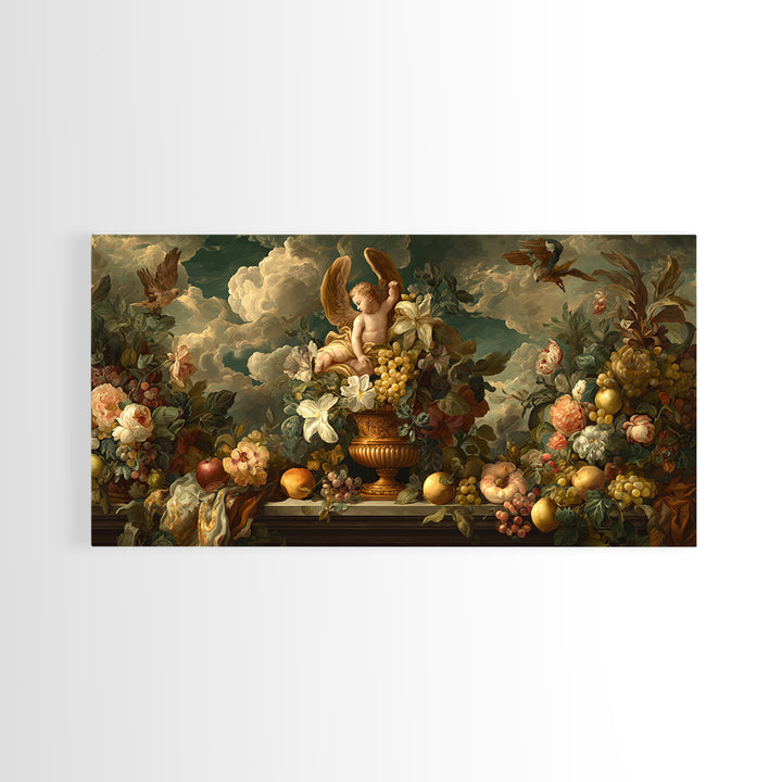 Ornate Cherub Figure Surrounded by Clouds and Canvas Print, Baroque Art, Luxury Decor, Living Room Decor, Fine Art, Ornate, BAO-2x1-70