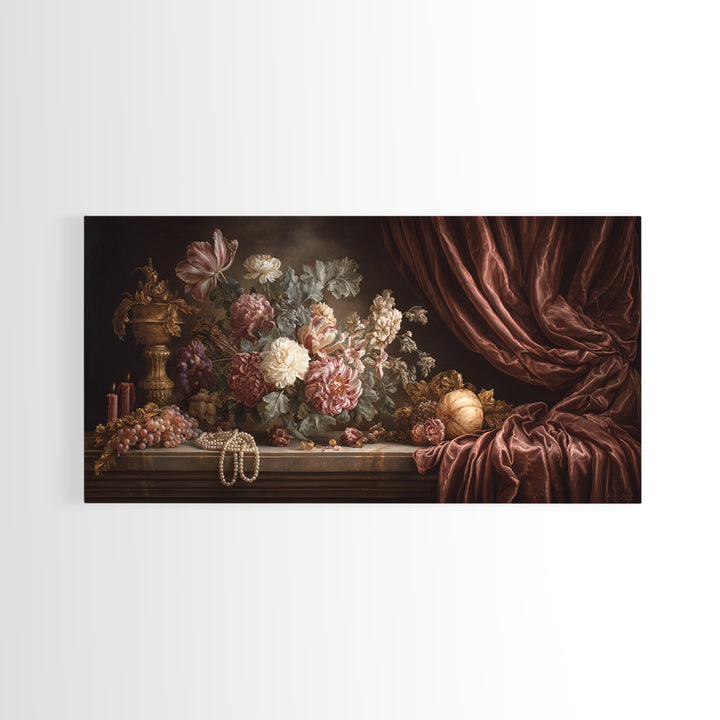 Velvet Drapery with Pearls Flowers and Candlelight Canvas Print, Baroque Art, Minimalist Wall Art, Living Room Decor, Ornate, BAO-2x1-71