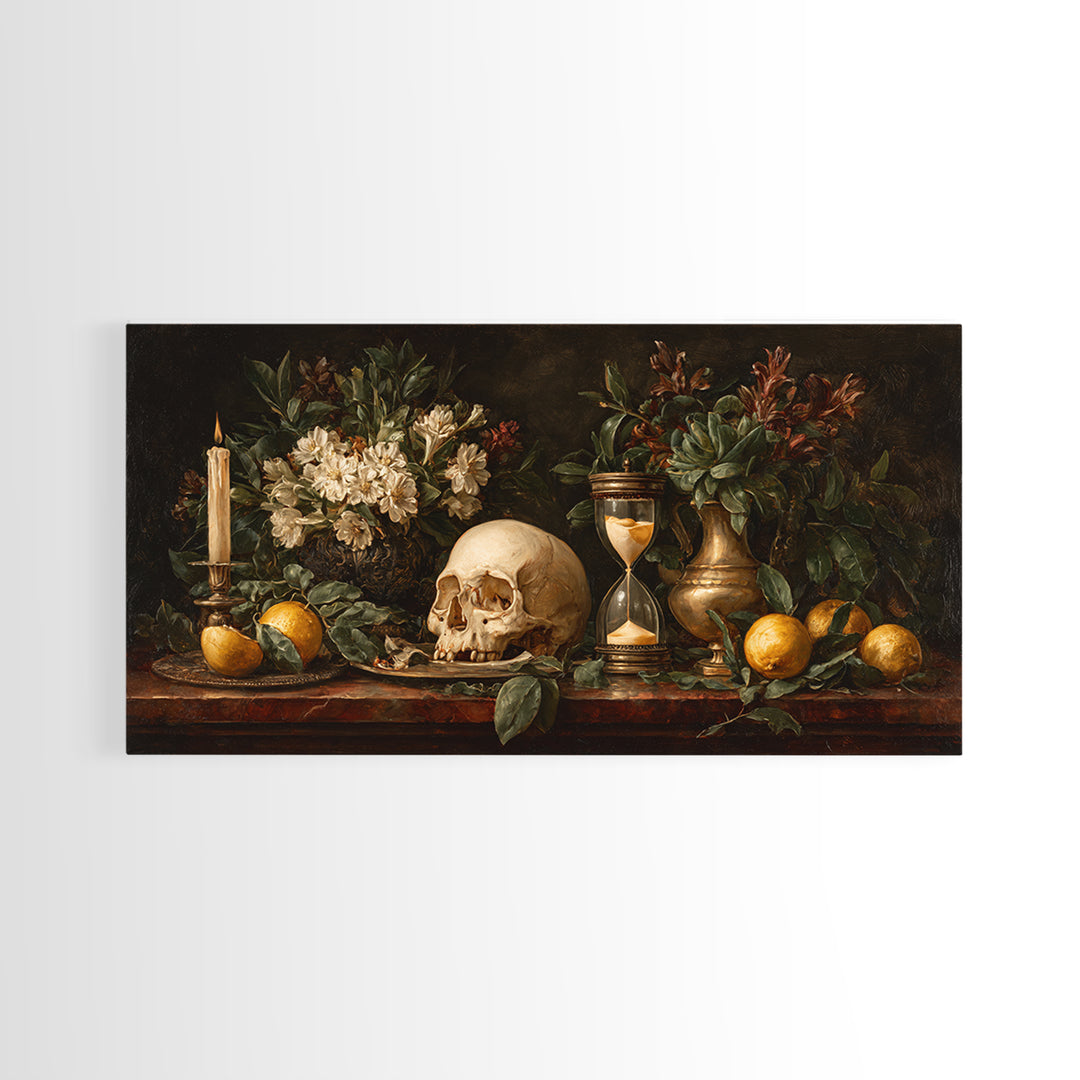 Skull and Hourglass Vanitas Still Life Canvas Print, Baroque Art, Luxury Decor, Living Room Decor, Ornate, Oil Painting, BAO-2x1-73
