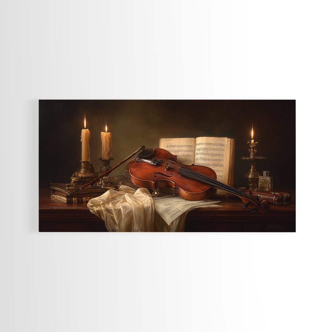Baroque Violin and Sheet Music Still Life Framed Canvas Print, Baroque Art, Eclectic Wall Art, Living Room Decor, Ornate, BAO-2x1-79