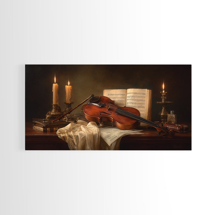 Baroque Violin and Sheet Music Still Life Framed Canvas Print, Baroque Art, Eclectic Wall Art, Living Room Decor, Ornate, BAO-2x1-79