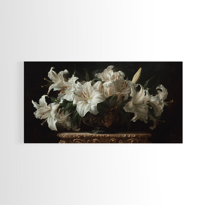 Dramatic White Lilies Framed Canvas Print, Baroque Art, Modern Wall Art, Living Room Decor, Fine Art, Ornate, Feminist Art, BAO-2x1-80