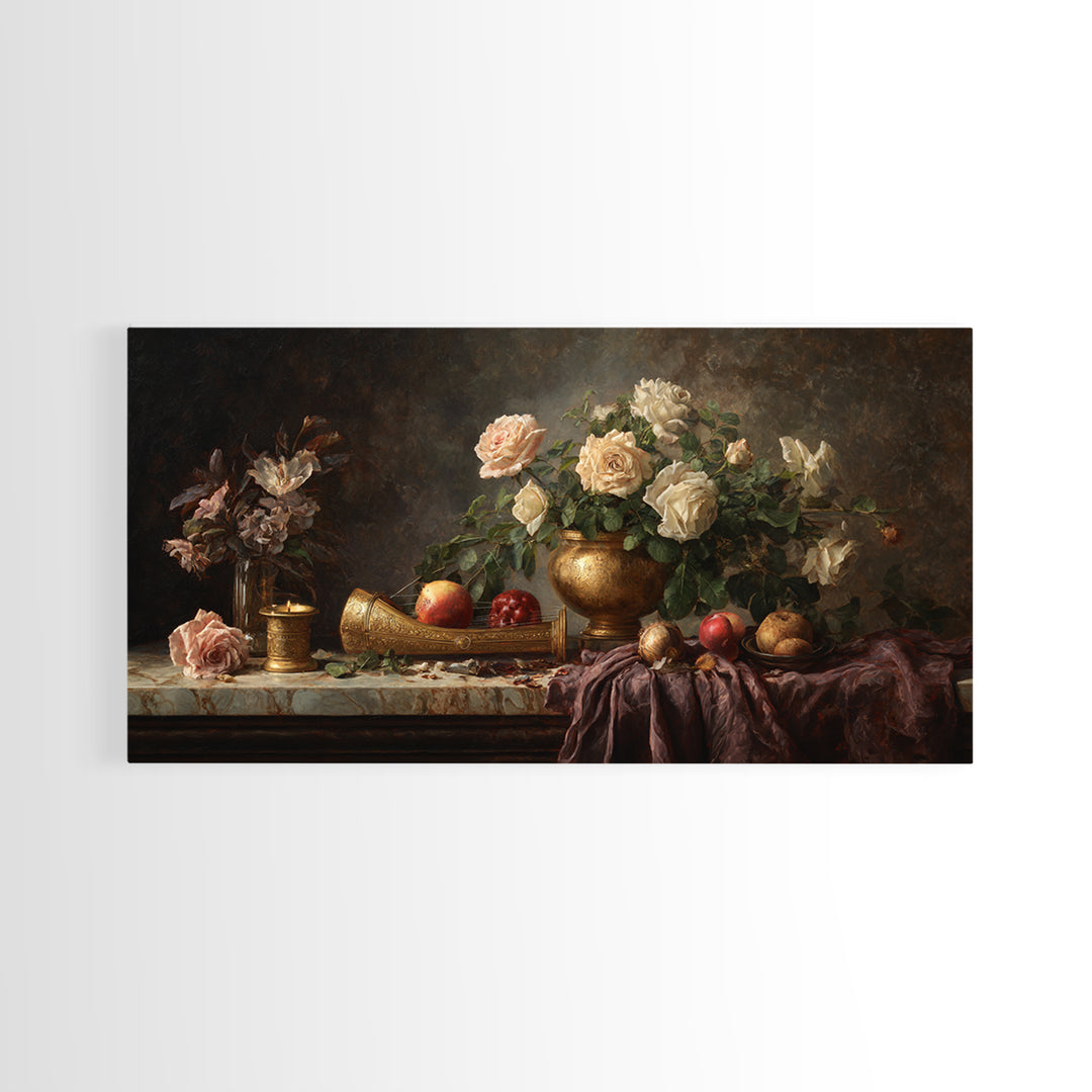 Golden Harp and Roses Framed Canvas Print, Baroque Art, Boho Decor, Living Room Decor, Fine Art, Ornate, Printable Wall Art, BAO-2x1-86