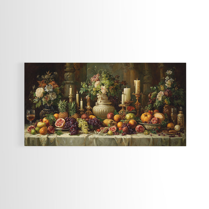 Lavish Banquet Fruit Composition Framed Canvas Print, Baroque Art, Whimsical Decor, Living Room Decor, Fine Art, Ornate, BAO-2x1-88
