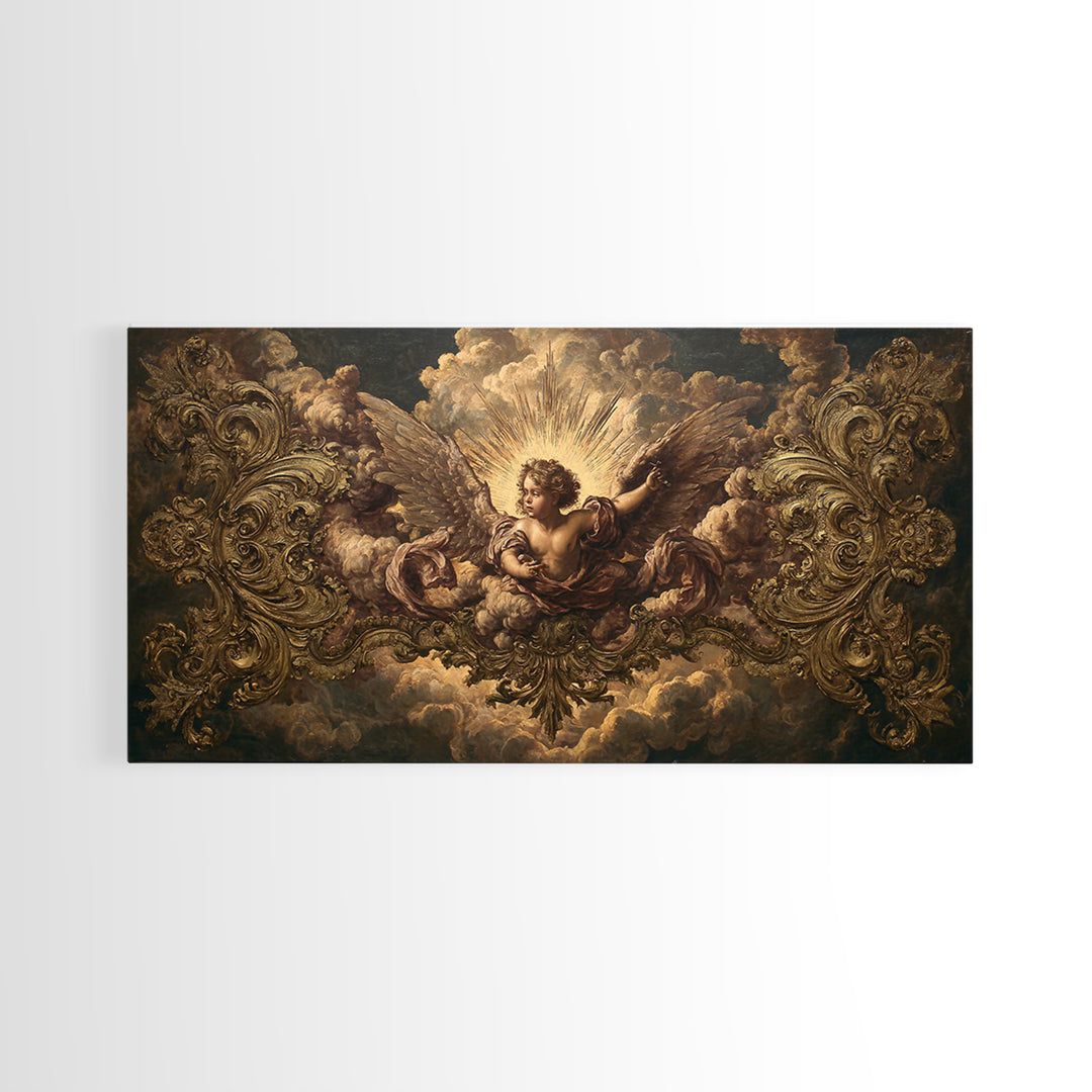 Ornate Cherub Figure Surrounded by Clouds and Canvas Print, Baroque Art, Luxury Decor, Living Room Decor, Fine Art, Ornate, BAO-2x1-94