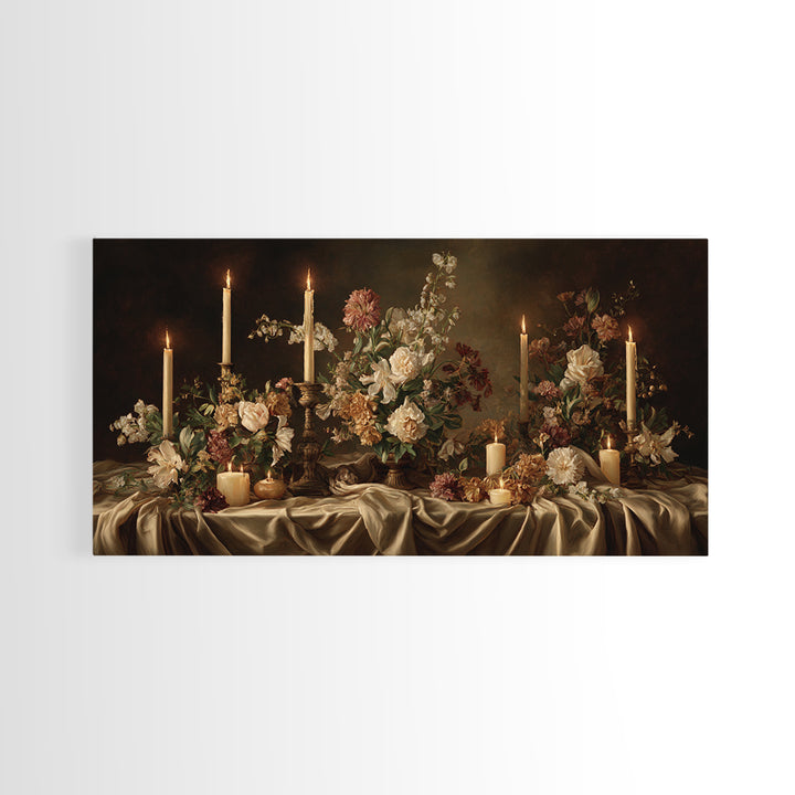 Velvet Drapery with Pearls Flowers and Candlelight Canvas Print, Baroque Art, Maximalist Decor, Living Room Decor, Ornate, BAO-2x1-95