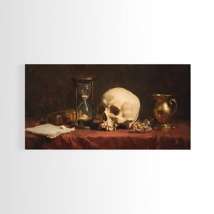 Skull and Hourglass Vanitas Still Life Framed Canvas Print, Baroque Art, Contemporary Art, Living Room Decor, Fine Art, Ornate, BAO-2x1-97