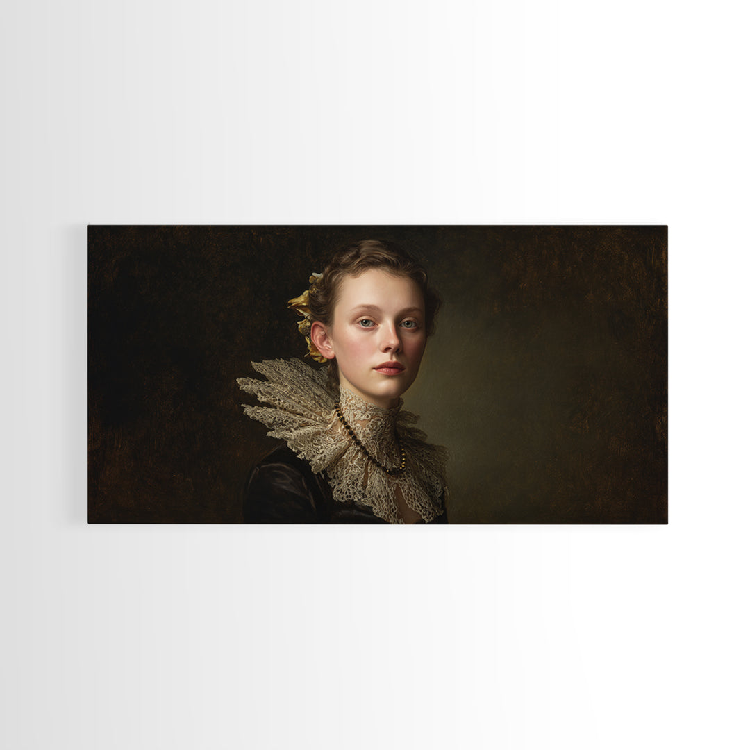 Classical Portrait with Lace Collar and Jewel Framed Canvas Print, Baroque Art, Oil Painting, Living Room Decor, Ornate, BAO-2x1-99