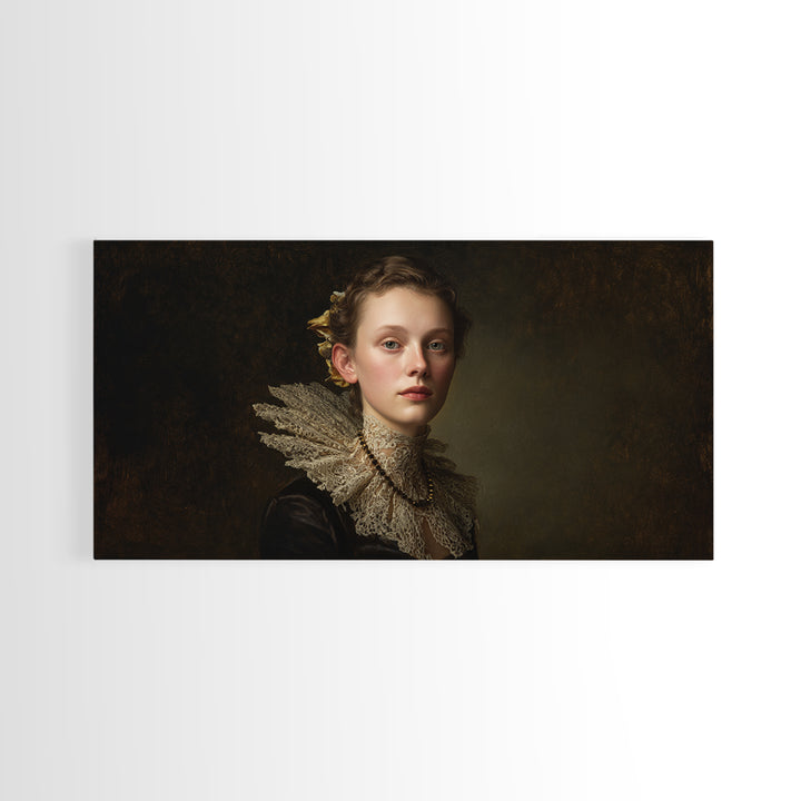 Classical Portrait with Lace Collar and Jewel Framed Canvas Print, Baroque Art, Oil Painting, Living Room Decor, Ornate, BAO-2x1-99