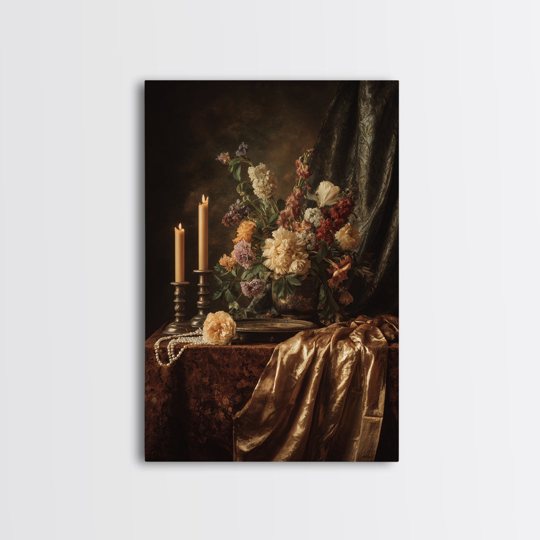 Velvet Drapery with Pearls Flowers and Candlelight Canvas Print, Baroque Art, Printable Art, Living Room Decor, Ornate, BAO-2x3-11