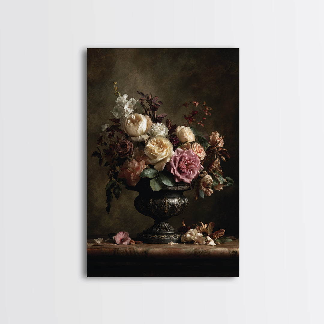 Dark Floral Arrangement Framed Canvas Print, Baroque Art, Feminist Art, Living Room Decor, Fine Art, Ornate, Luxury Decor, BAO-2x3-12