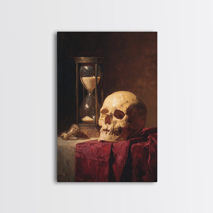 Skull and Hourglass Vanitas Still Life Framed Canvas Print, Baroque Art, Neutral Decor, Living Room Decor, Fine Art, Ornate, BAO-2x3-13