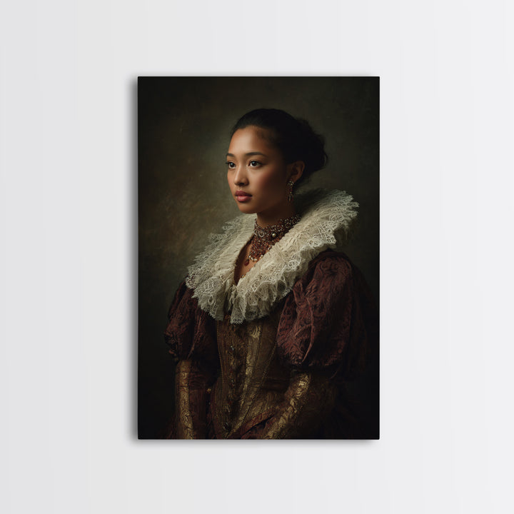 Classical Portrait with Lace Collar and Jewel Canvas Print, Baroque Art, Dark Academia Decor, Living Room Decor, Ornate, BAO-2x3-15