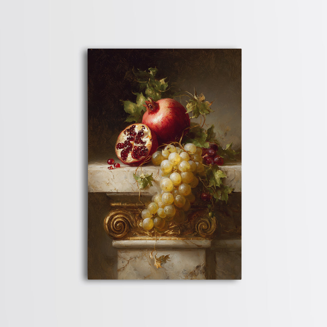 Pomegranate and Grapes on a Marble Ledge Canvas Print, Baroque Art, Printable Wall Art, Living Room Decor, Fine Art, Ornate, BAO-2x3-16